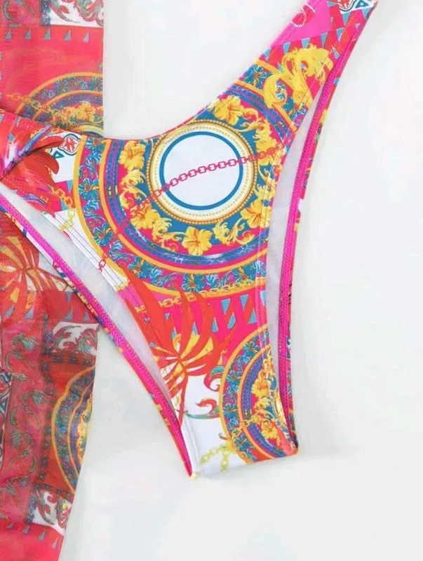 All Over Print Bikini Set Lace Up Backless Triangle Bra with Bottom And Tie Front Beach Skirt 3 Piece Swimsuit Pink