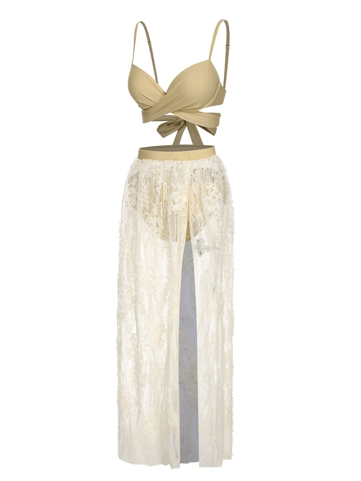 Beige 1950s Solid Wrap Swimsuit & Lace Skirt Cover Up