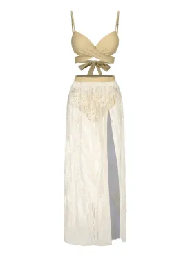 Beige 1950s Solid Wrap Swimsuit & Lace Skirt Cover Up