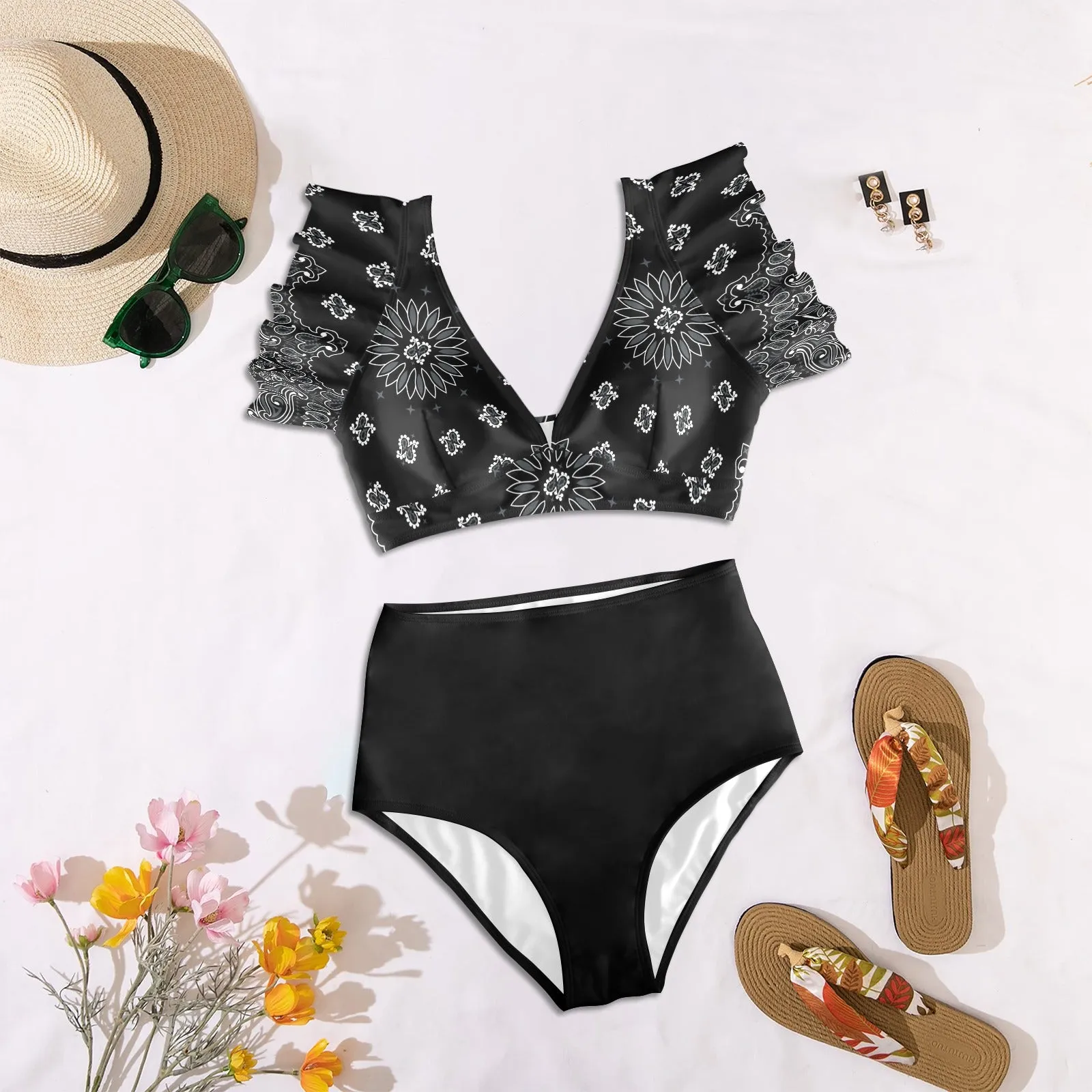 black solid print skirt Women's Ruffle Sleeve Bikini Swimsuit (Model S42)
