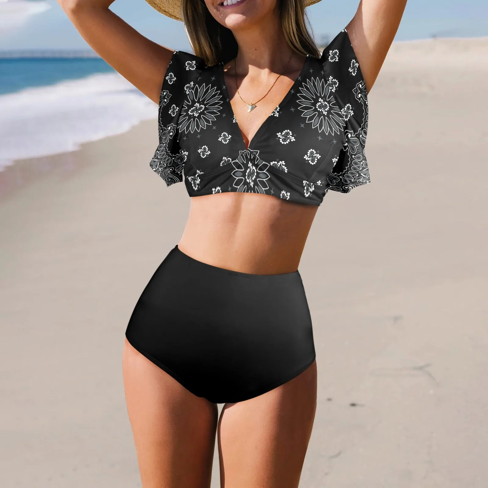 black solid print skirt Women's Ruffle Sleeve Bikini Swimsuit (Model S42)