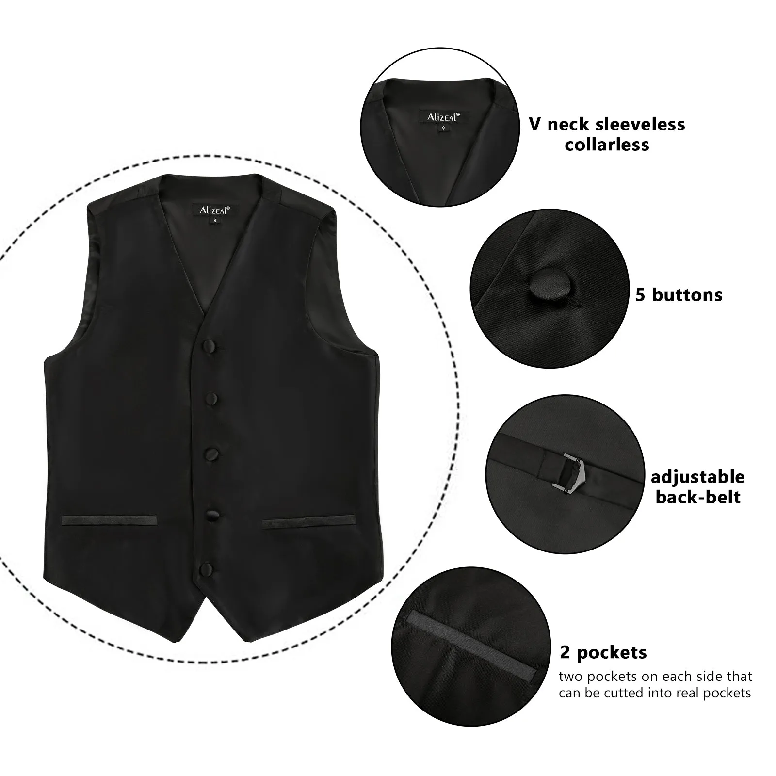 Boy's Classic Solid Bow Tie, Necktie and Suit Vest Set, 078-Black