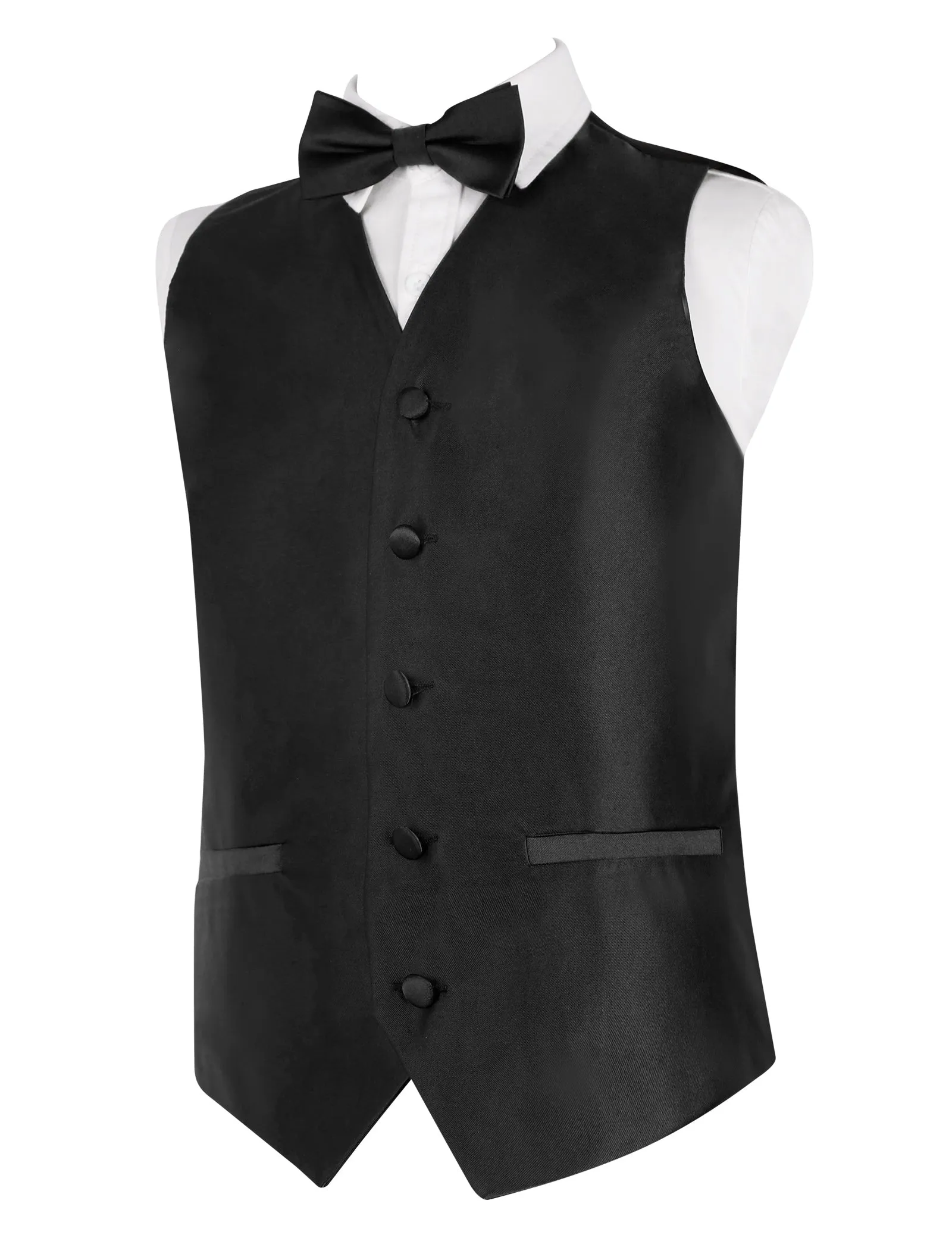 Boy's Classic Solid Bow Tie, Necktie and Suit Vest Set, 078-Black