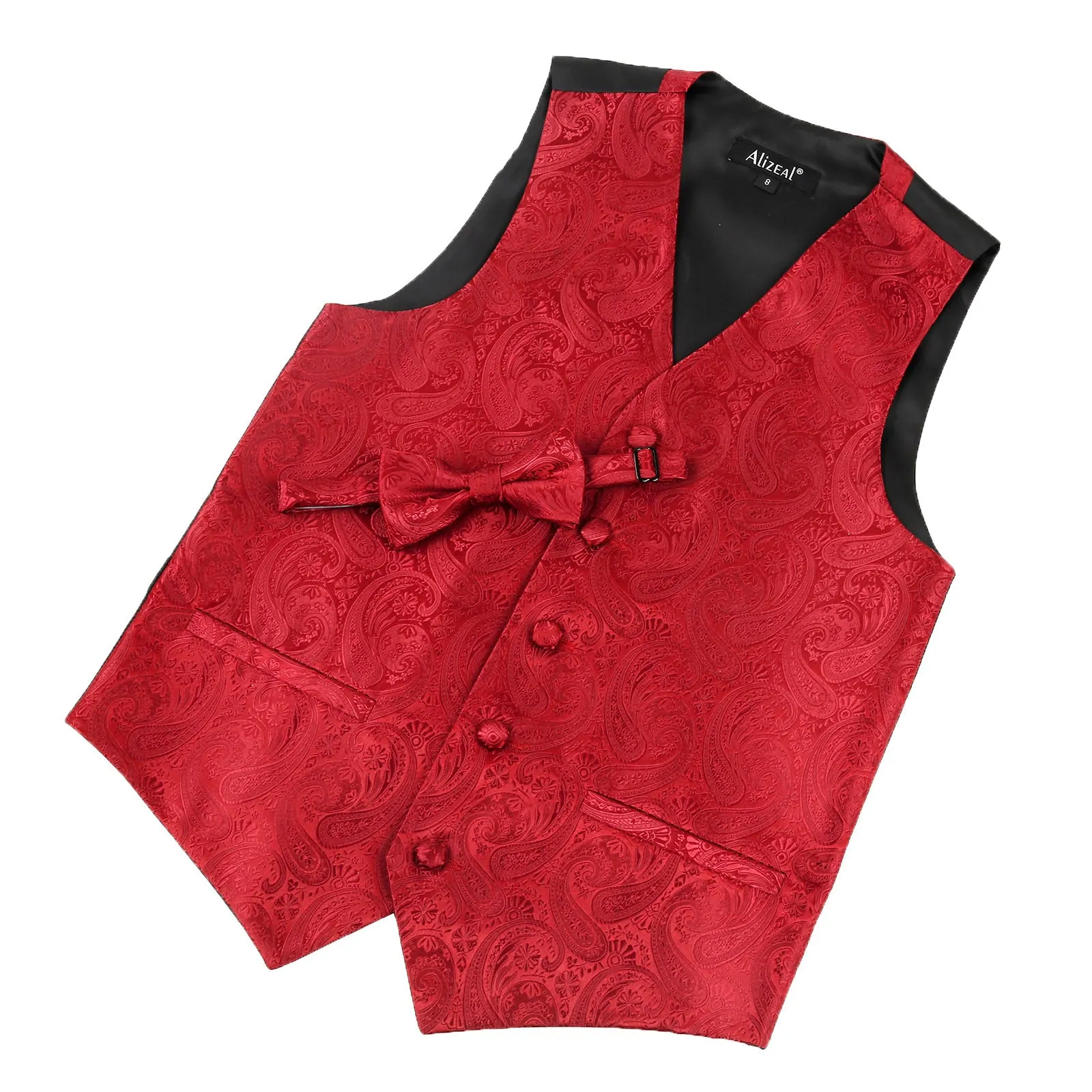 Boy's Paisley Jacquard Pre-Tied Bow Tie with Classic Floral Dress Suit Vest Set, 077-Red