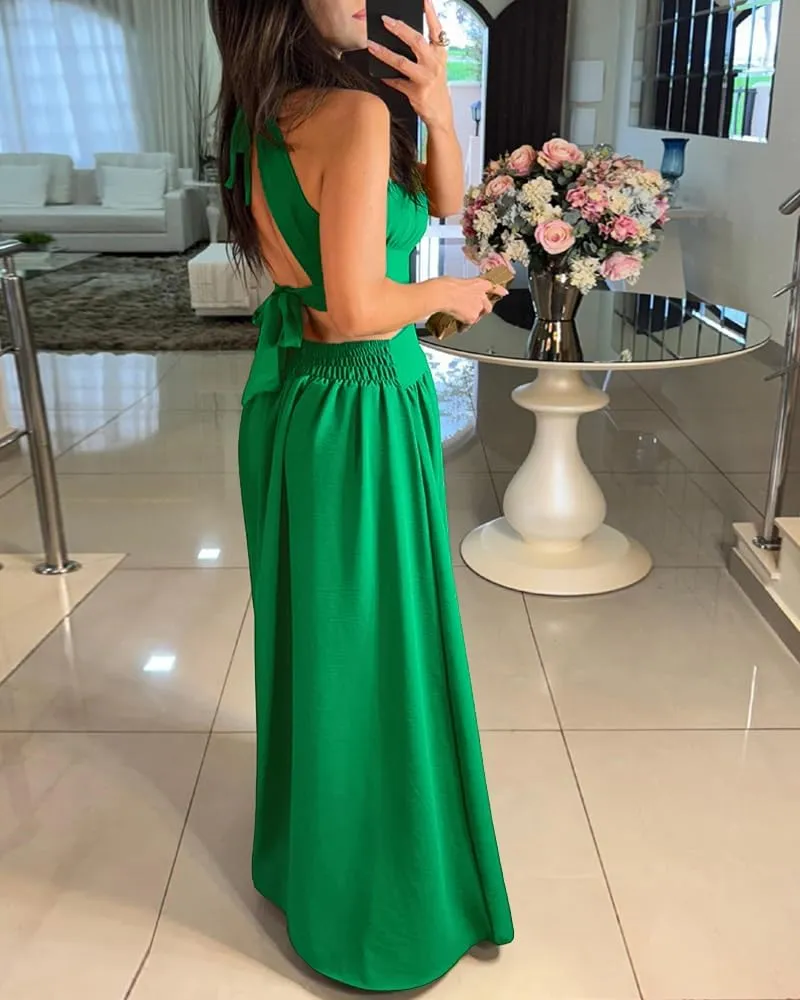 CHICME Women's Sleeveless Halter Neck Dress Criss Cross Tie Back Split High Maxi Dress