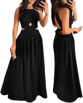 CHICME Women's Sleeveless Halter Neck Dress Criss Cross Tie Back Split High Maxi Dress