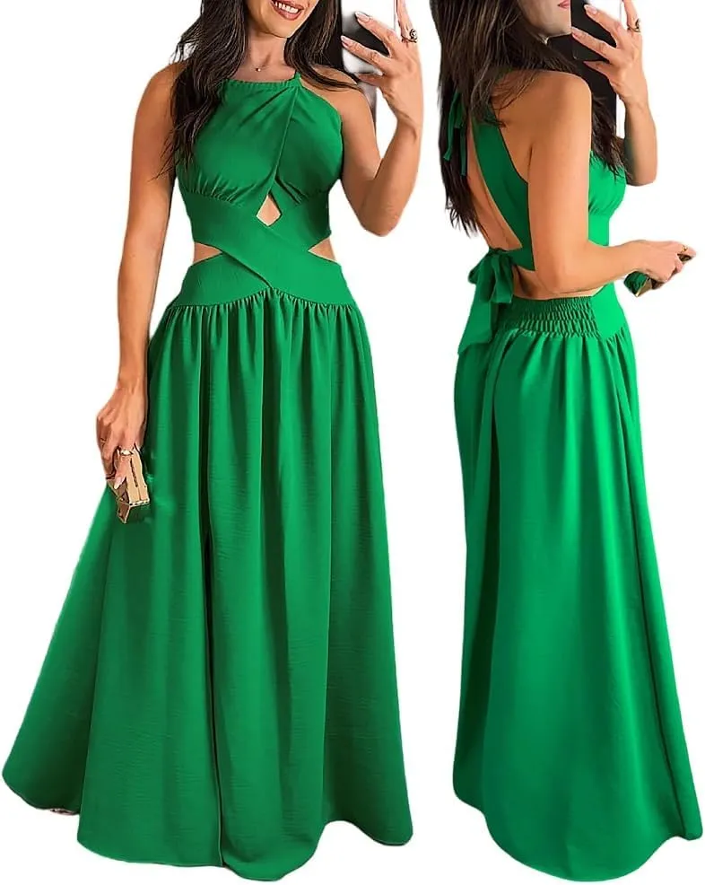 CHICME Women's Sleeveless Halter Neck Dress Criss Cross Tie Back Split High Maxi Dress