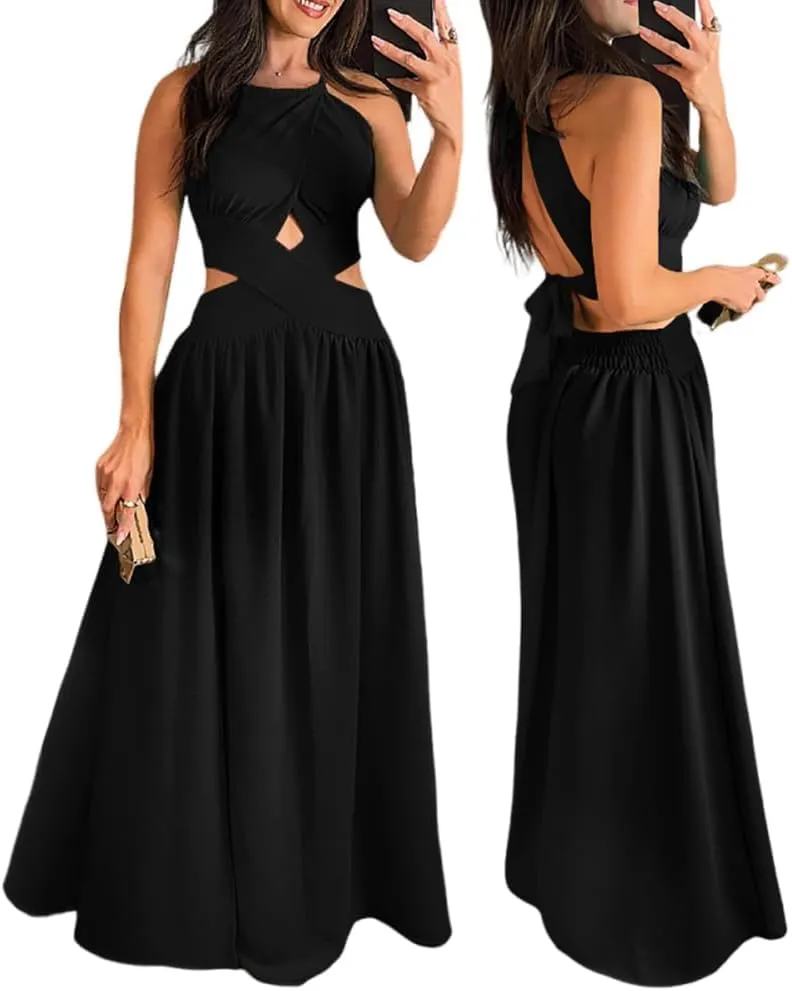 CHICME Women's Sleeveless Halter Neck Dress Criss Cross Tie Back Split High Maxi Dress