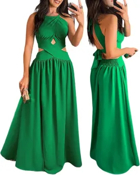 CHICME Women's Sleeveless Halter Neck Dress Criss Cross Tie Back Split High Maxi Dress