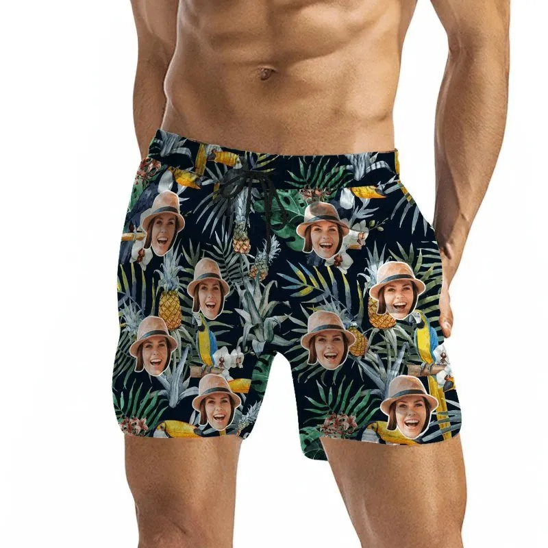 Custom Face Bird Pineapple Flowers Couple Matching Swimsuit Women's Triangle Bikini Bathing Suit Men's Swim Shorts