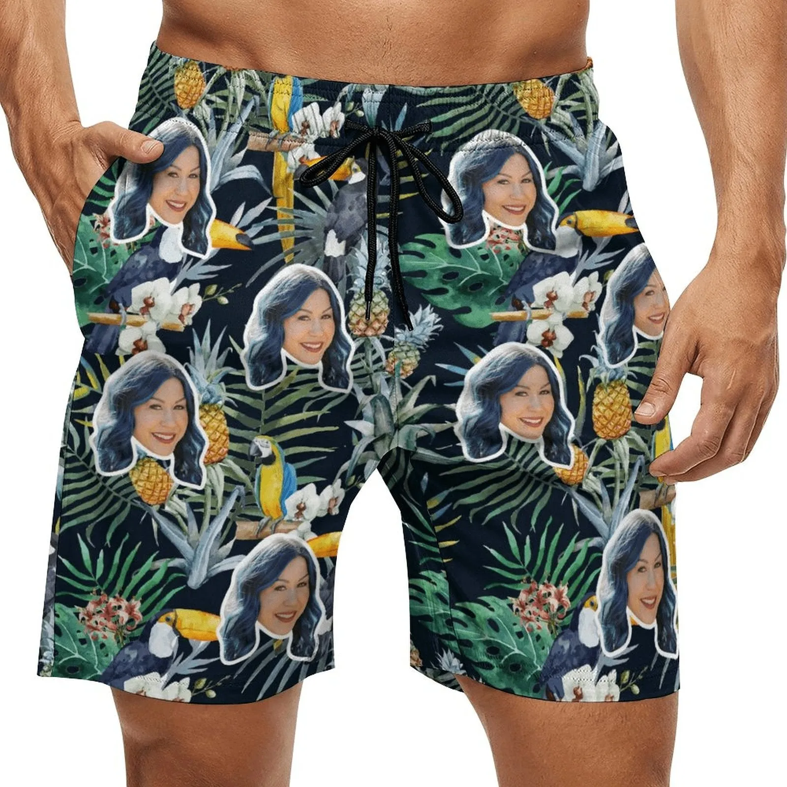 Custom Face Bird Pineapple Flowers Couple Matching Swimsuit Women's Triangle Bikini Bathing Suit Men's Swim Shorts