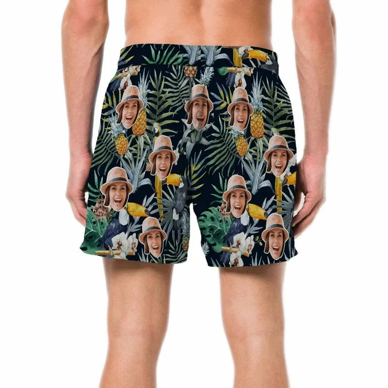 Custom Face Bird Pineapple Flowers Couple Matching Swimsuit Women's Triangle Bikini Bathing Suit Men's Swim Shorts
