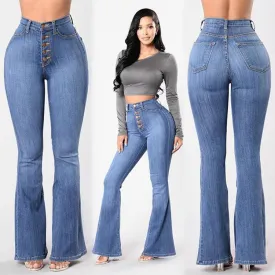 Elastic Loose Pocket High Waist button Jeans