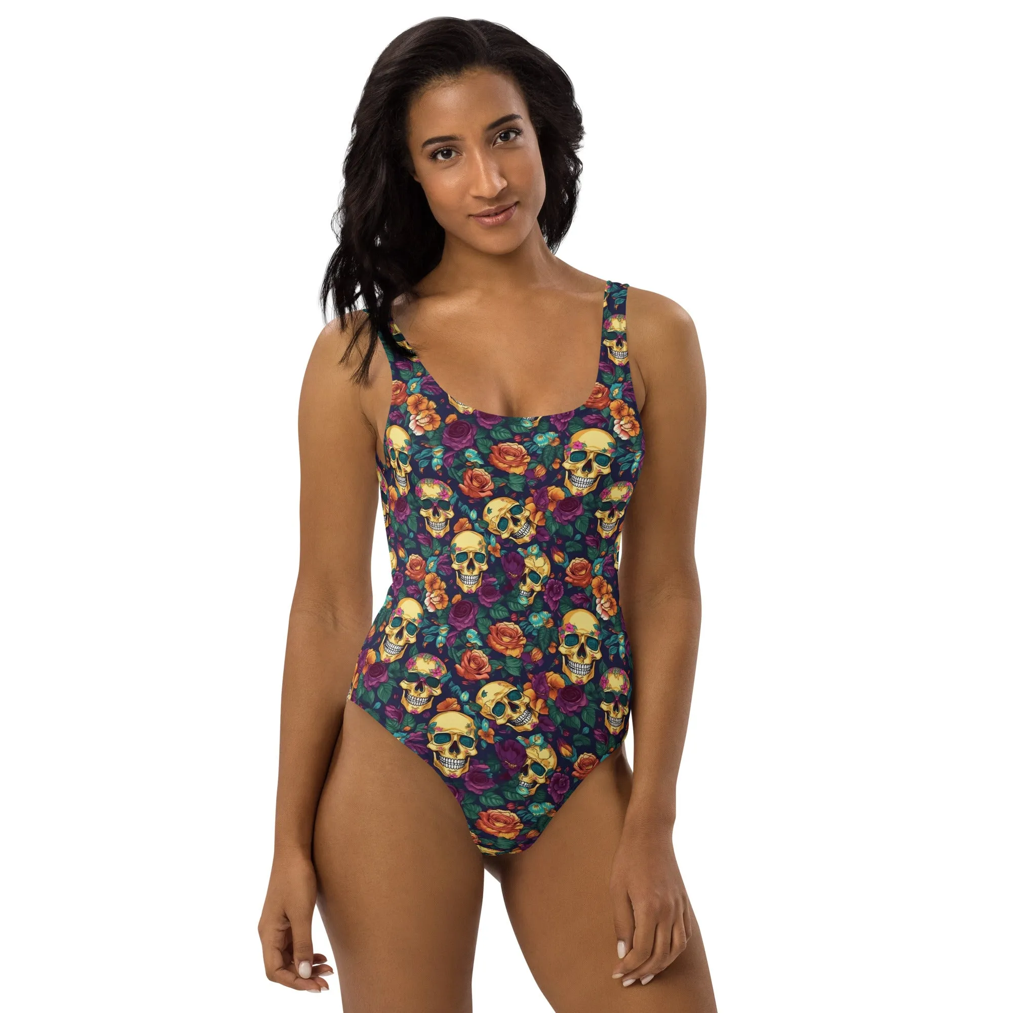 Gold Skulls Roses One Piece Swimsuit for Women, Floral Cute Designer Swim Swimming Bathing Suits Body Swimwear