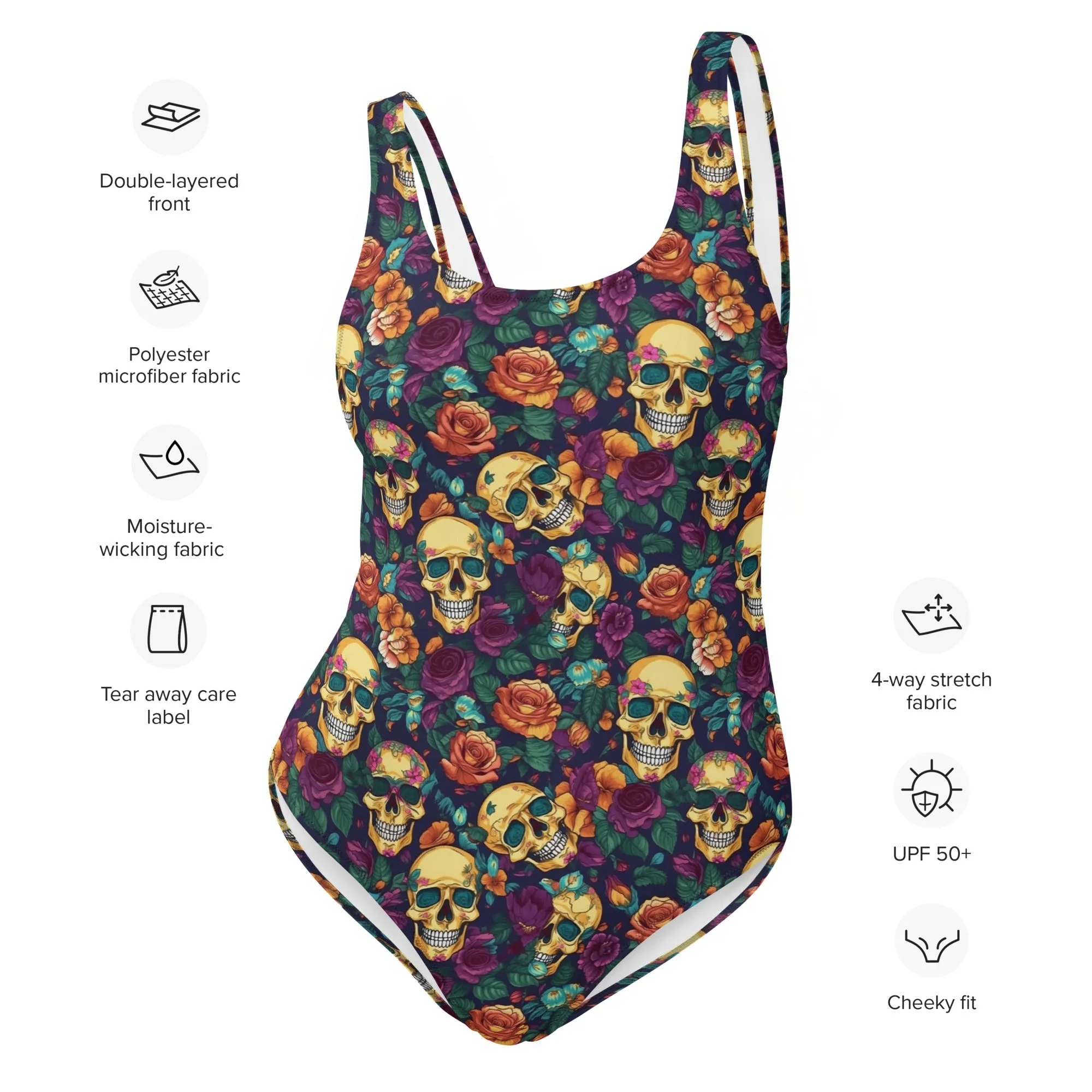 Gold Skulls Roses One Piece Swimsuit for Women, Floral Cute Designer Swim Swimming Bathing Suits Body Swimwear
