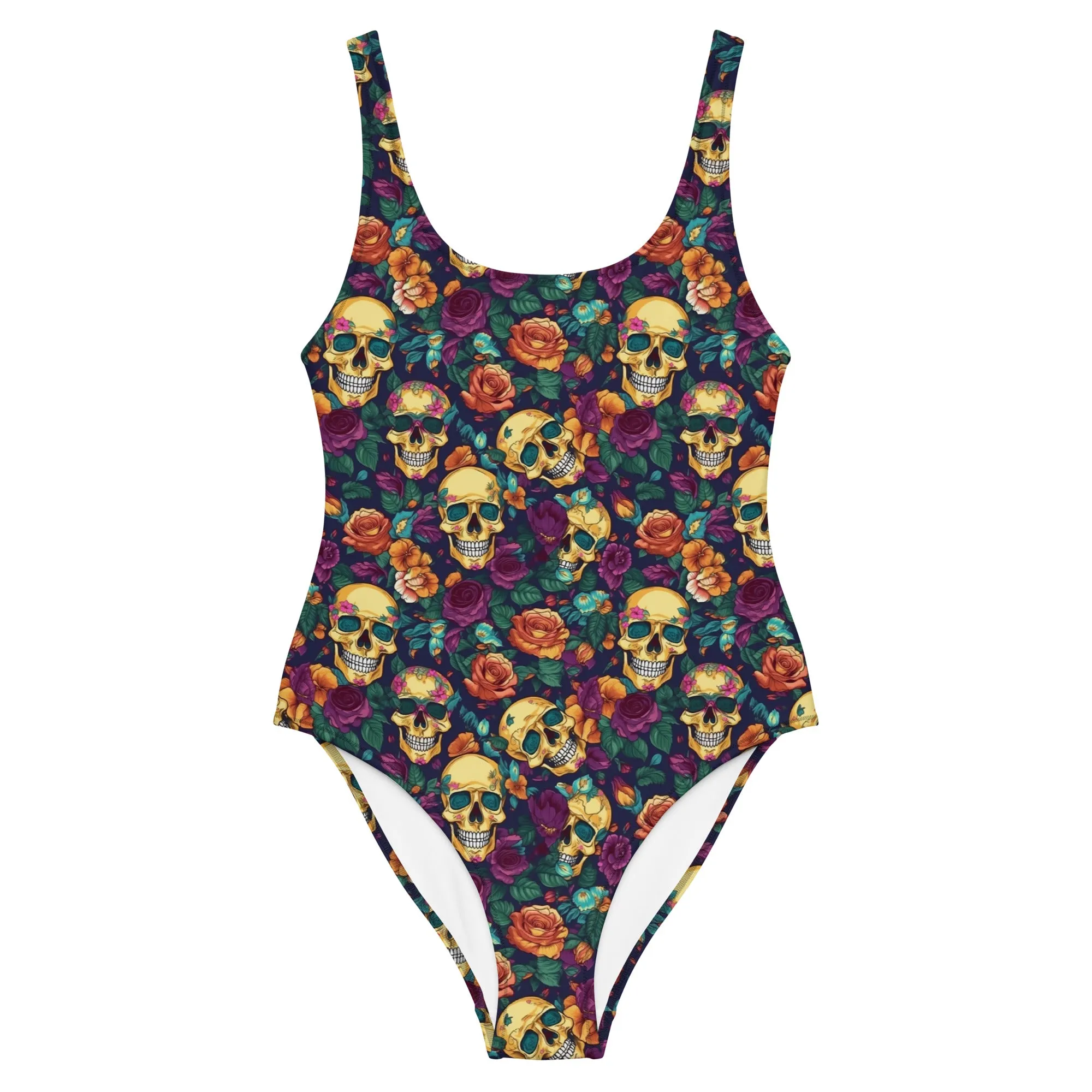 Gold Skulls Roses One Piece Swimsuit for Women, Floral Cute Designer Swim Swimming Bathing Suits Body Swimwear