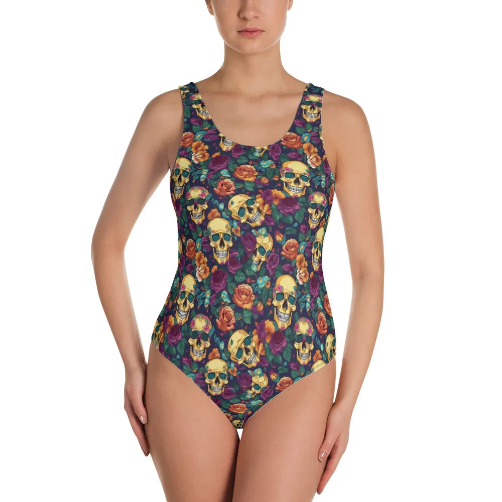 Gold Skulls Roses One Piece Swimsuit for Women, Floral Cute Designer Swim Swimming Bathing Suits Body Swimwear
