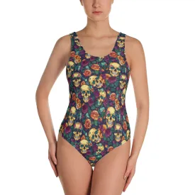 Gold Skulls Roses One Piece Swimsuit for Women, Floral Cute Designer Swim Swimming Bathing Suits Body Swimwear