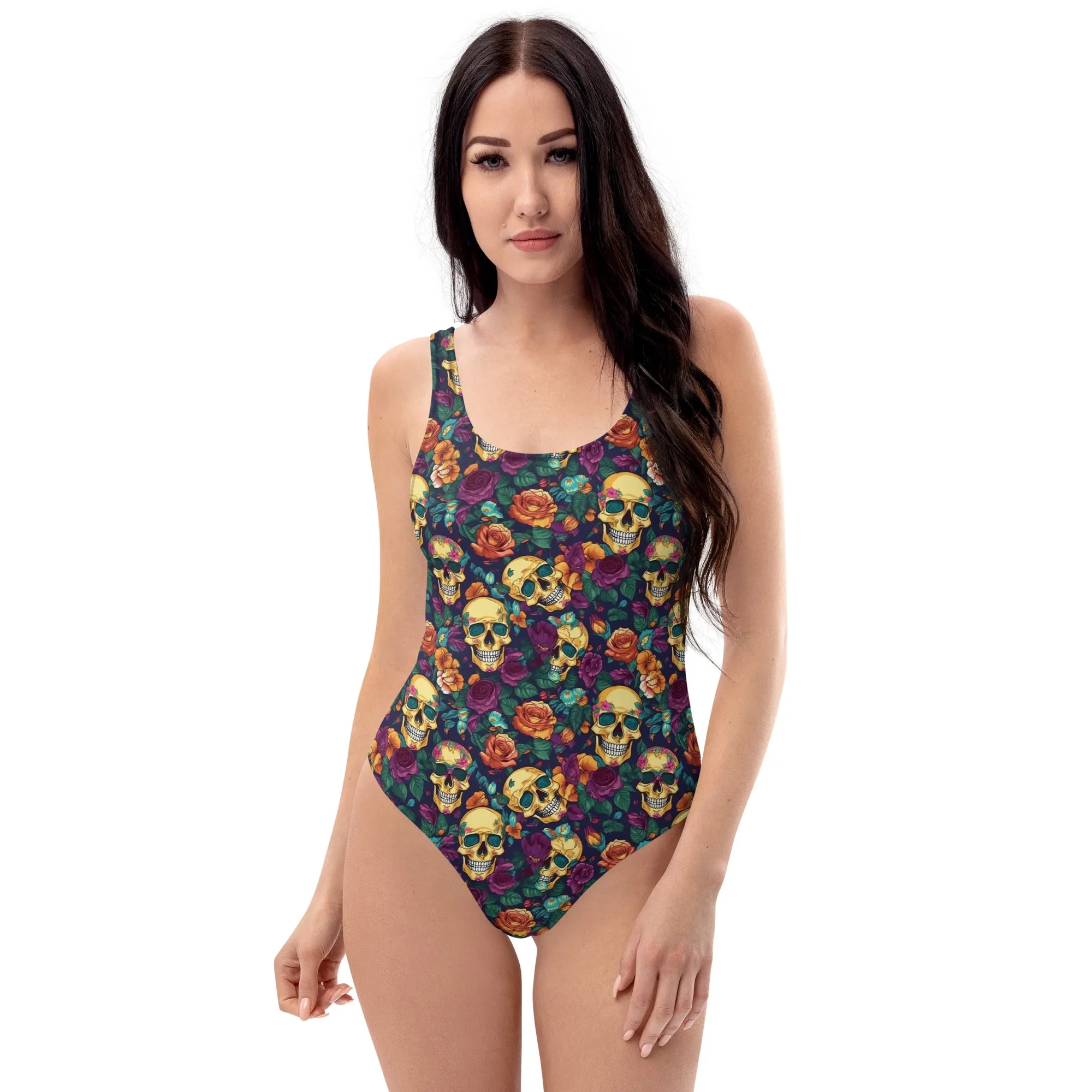 Gold Skulls Roses One Piece Swimsuit for Women, Floral Cute Designer Swim Swimming Bathing Suits Body Swimwear