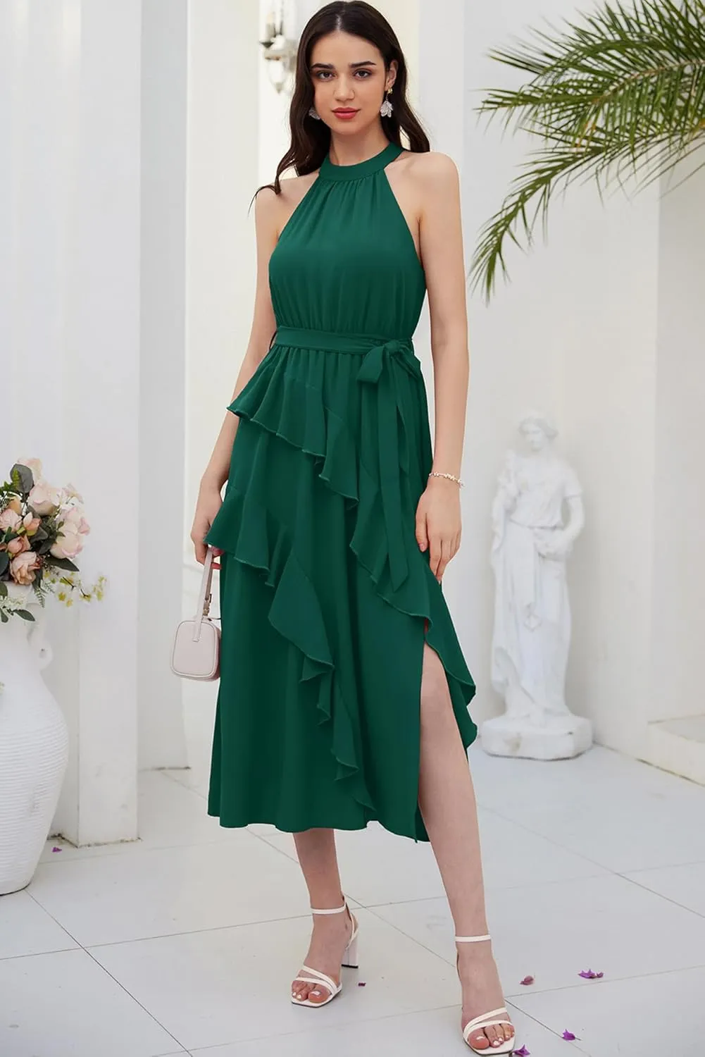 GRACE KARIN Women's 2024 Summer Sleeveless Halter Neck Ruffle Hem Split Flowy Swing Long Midi Dress with Belt