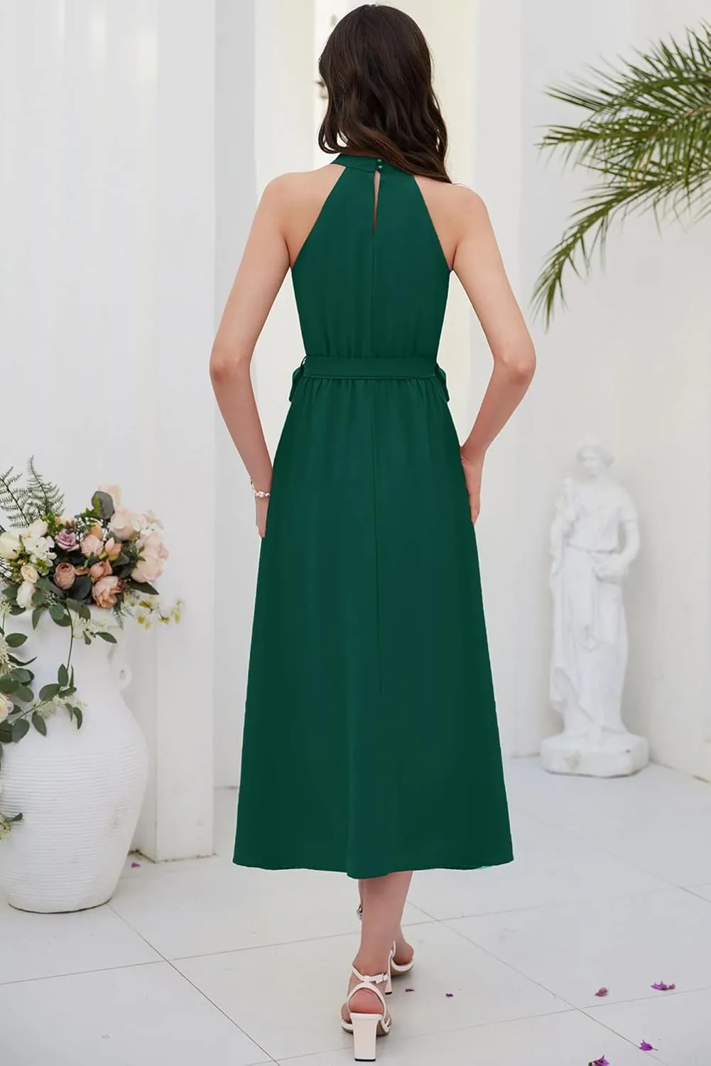 GRACE KARIN Women's 2024 Summer Sleeveless Halter Neck Ruffle Hem Split Flowy Swing Long Midi Dress with Belt