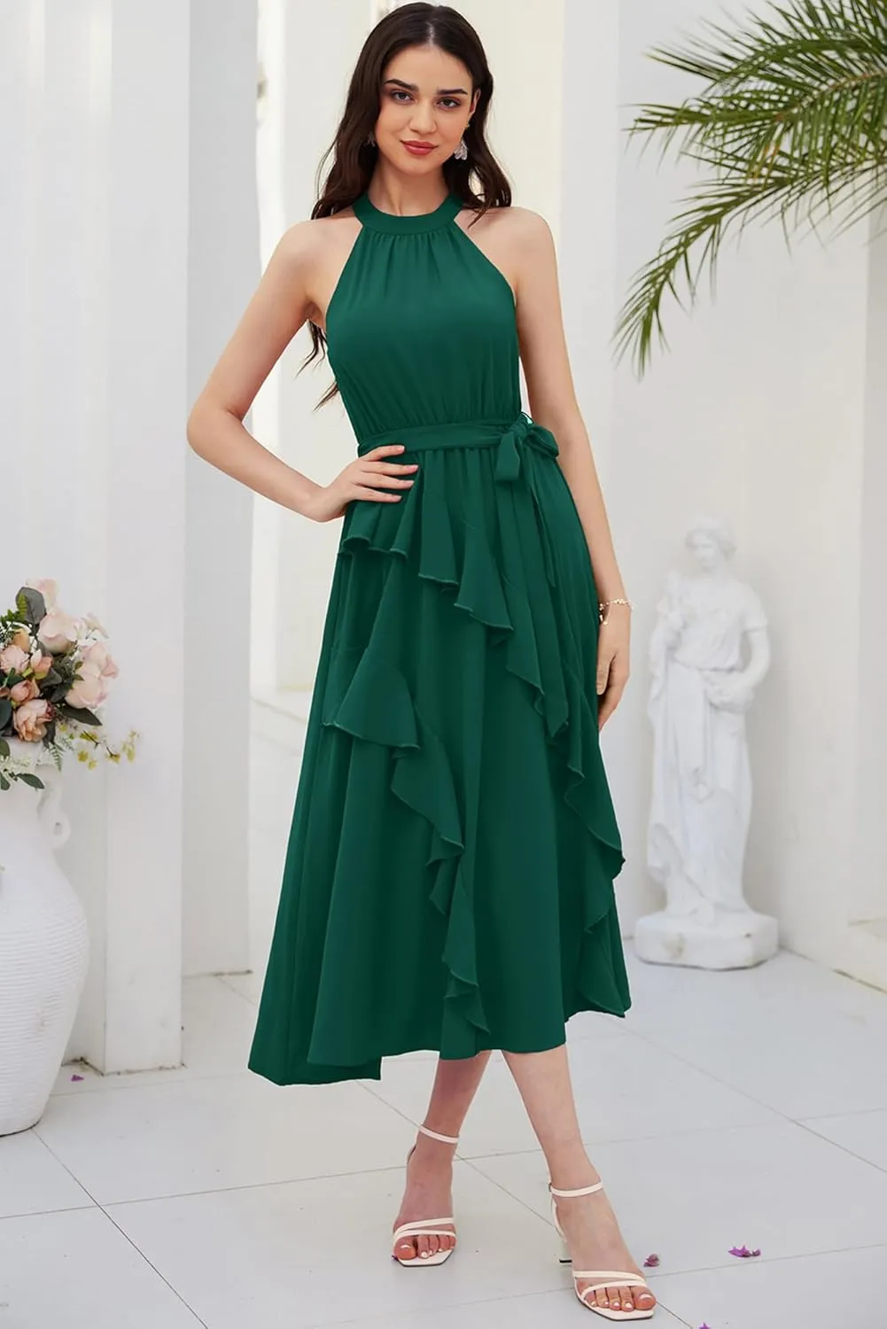 GRACE KARIN Women's 2024 Summer Sleeveless Halter Neck Ruffle Hem Split Flowy Swing Long Midi Dress with Belt