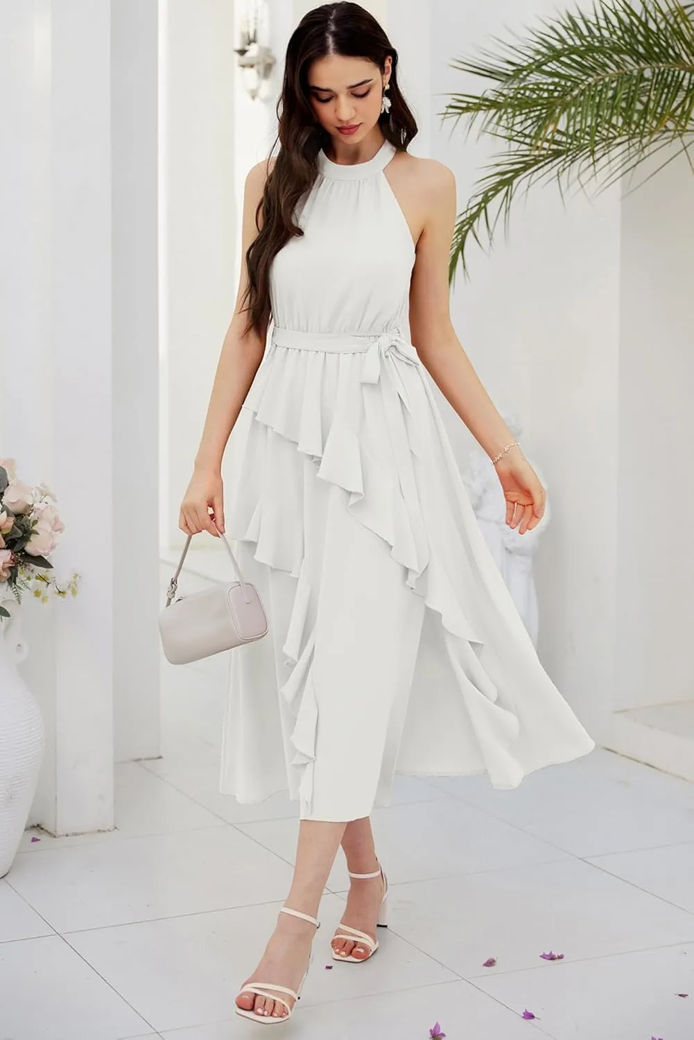 GRACE KARIN Women's 2024 Summer Sleeveless Halter Neck Ruffle Hem Split Flowy Swing Long Midi Dress with Belt