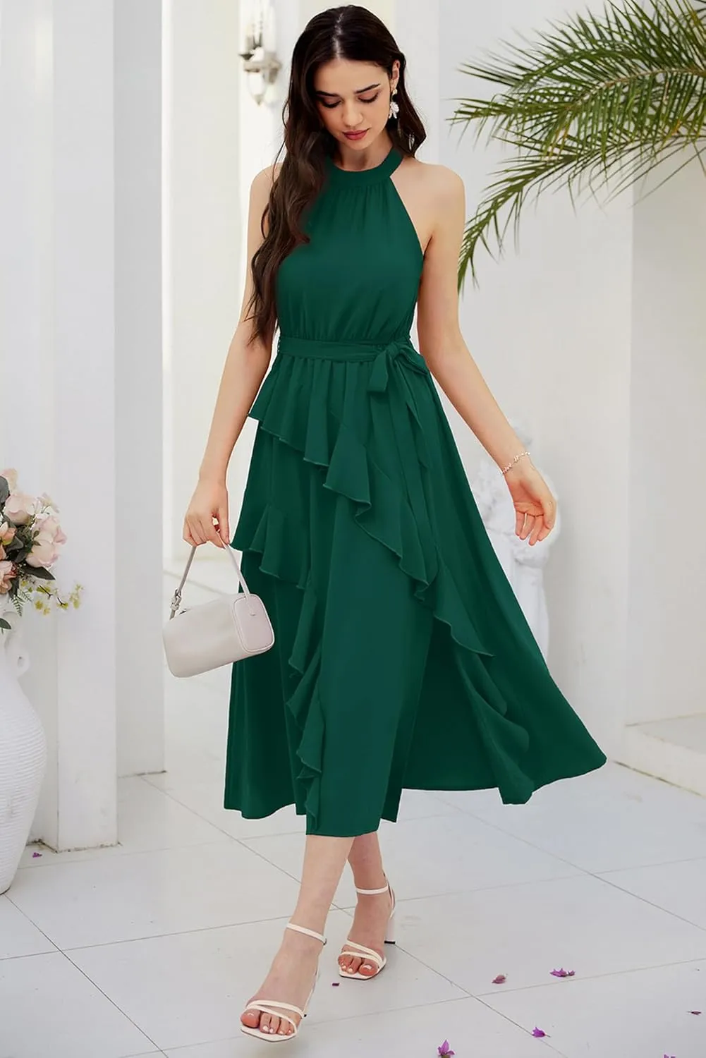 GRACE KARIN Women's 2024 Summer Sleeveless Halter Neck Ruffle Hem Split Flowy Swing Long Midi Dress with Belt