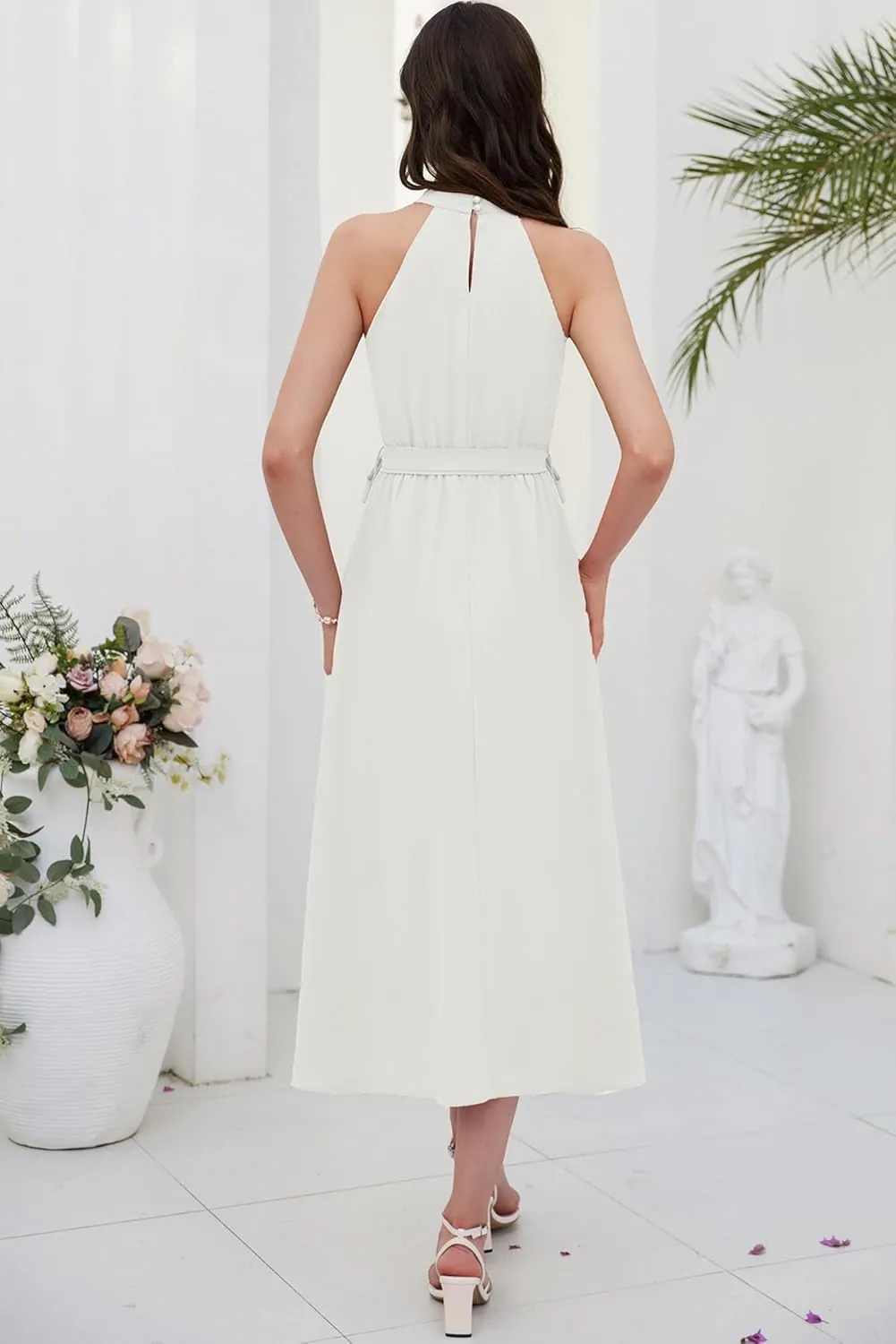 GRACE KARIN Women's 2024 Summer Sleeveless Halter Neck Ruffle Hem Split Flowy Swing Long Midi Dress with Belt