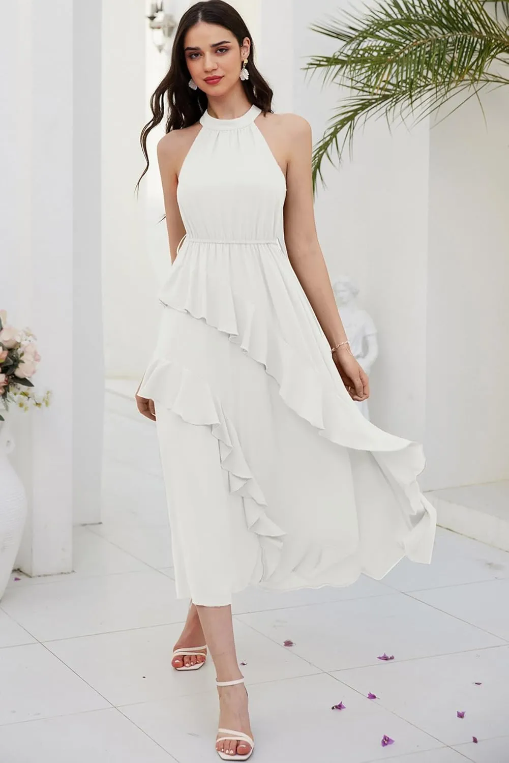 GRACE KARIN Women's 2024 Summer Sleeveless Halter Neck Ruffle Hem Split Flowy Swing Long Midi Dress with Belt