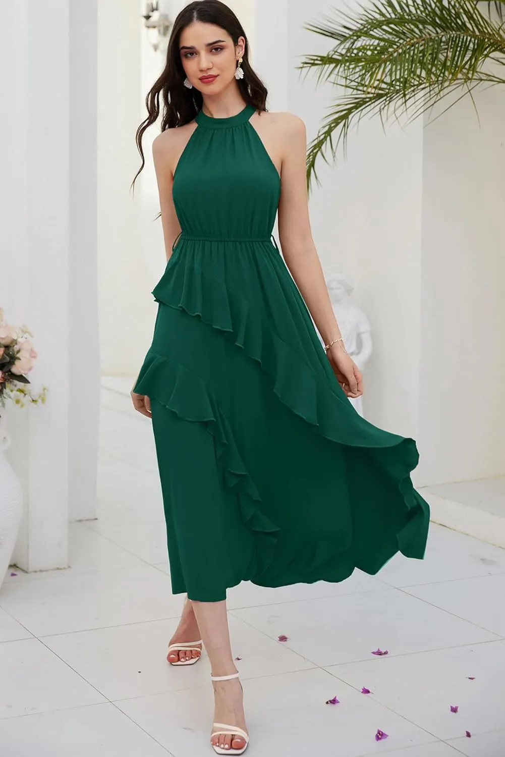 GRACE KARIN Women's 2024 Summer Sleeveless Halter Neck Ruffle Hem Split Flowy Swing Long Midi Dress with Belt