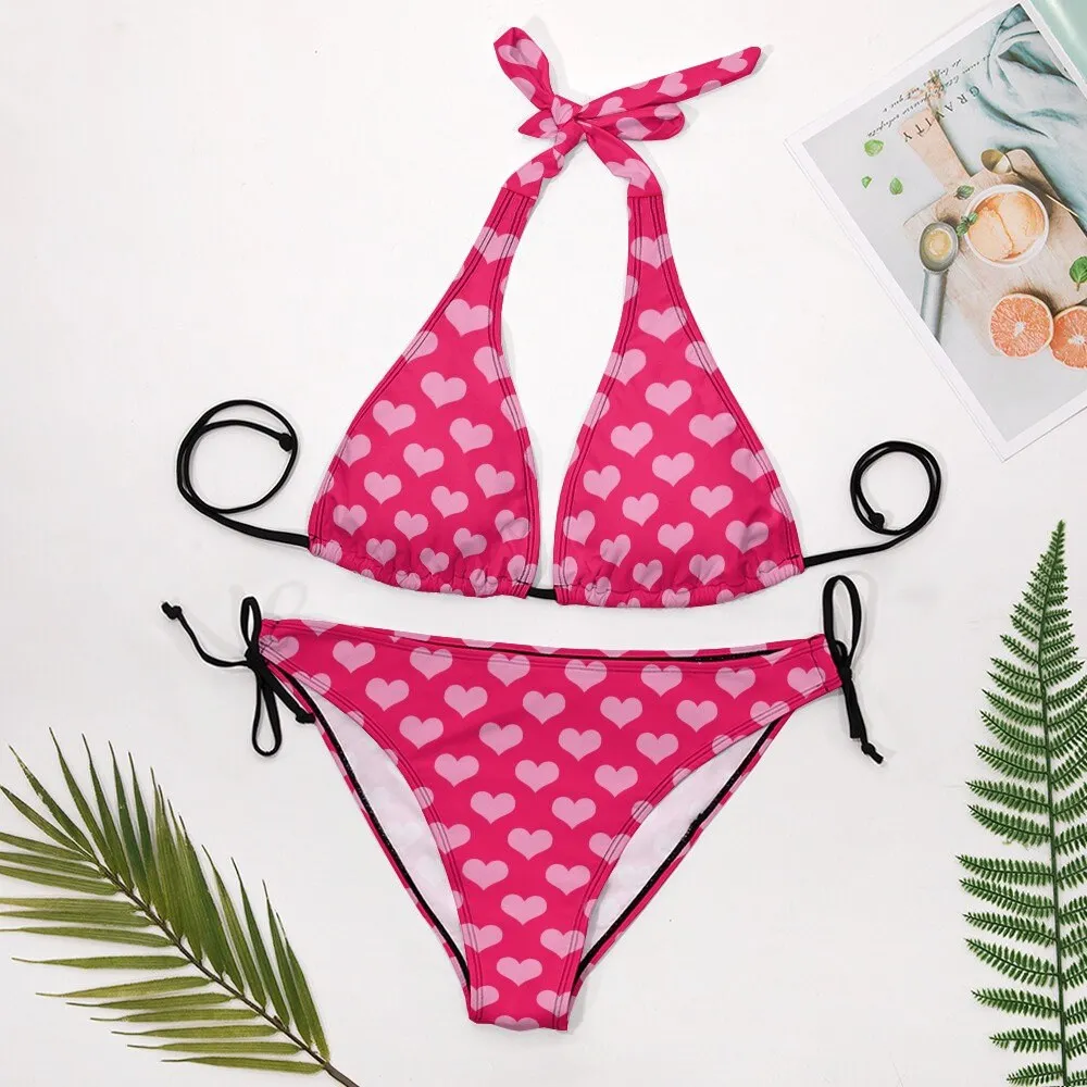 Halter Bikini, Fuchsia Pink Heart Bikini, Heart Print Bikini, Two Piece Bikini Set, Cute Bikini, Women's Bikini, Heart Polka Dot Bikini