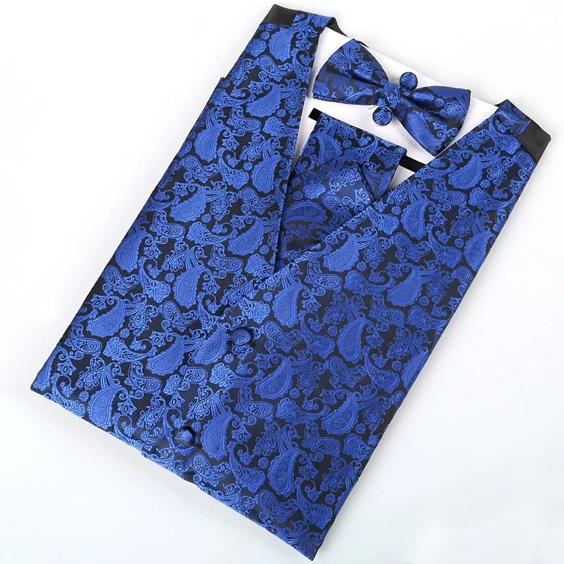 Men's 5pc V-Neck Sleeveless Suit Vest, Pre-tied Bow Tie, 9cm Necktie, Cufflinks and Handkerchief Set, 189-Royal Blue