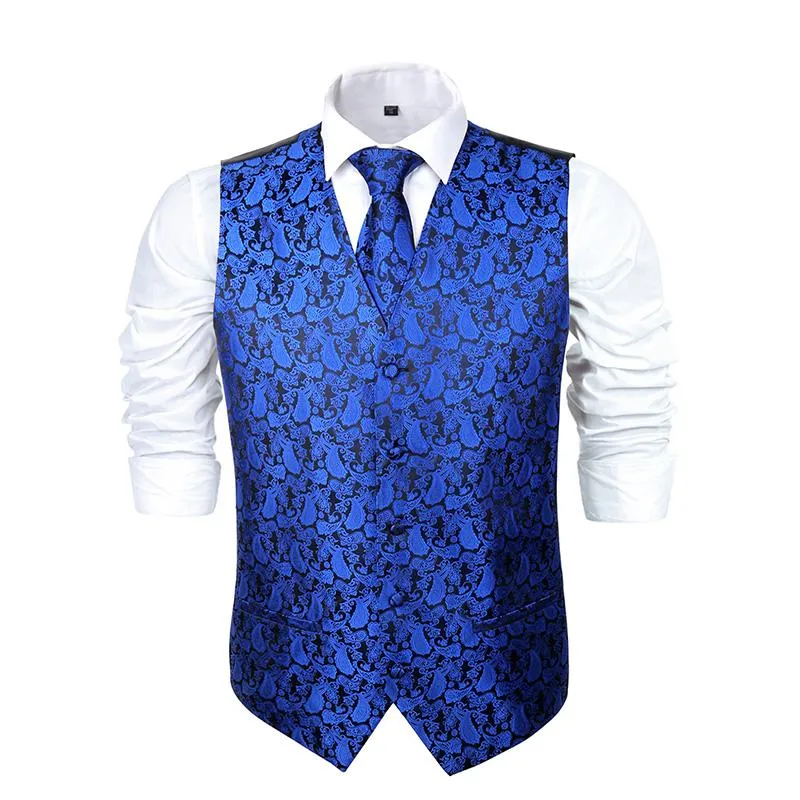Men's 5pc V-Neck Sleeveless Suit Vest, Pre-tied Bow Tie, 9cm Necktie, Cufflinks and Handkerchief Set, 189-Royal Blue
