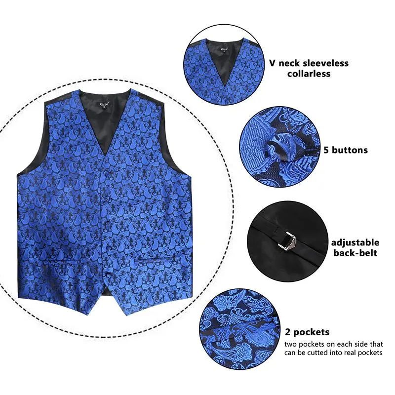 Men's 5pc V-Neck Sleeveless Suit Vest, Pre-tied Bow Tie, 9cm Necktie, Cufflinks and Handkerchief Set, 189-Royal Blue