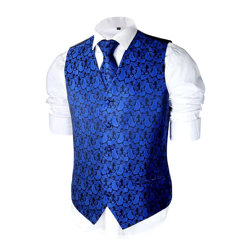 Men's 5pc V-Neck Sleeveless Suit Vest, Pre-tied Bow Tie, 9cm Necktie, Cufflinks and Handkerchief Set, 189-Royal Blue