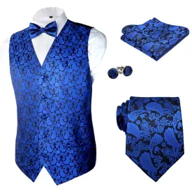Men's 5pc V-Neck Sleeveless Suit Vest, Pre-tied Bow Tie, 9cm Necktie, Cufflinks and Handkerchief Set, 189-Royal Blue