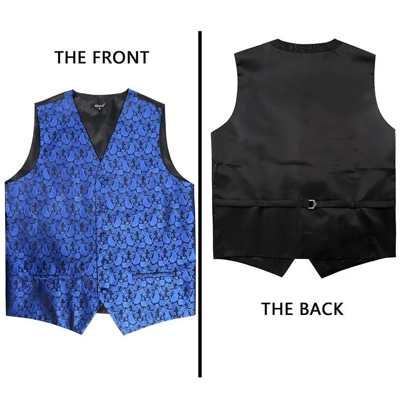 Men's 5pc V-Neck Sleeveless Suit Vest, Pre-tied Bow Tie, 9cm Necktie, Cufflinks and Handkerchief Set, 189-Royal Blue