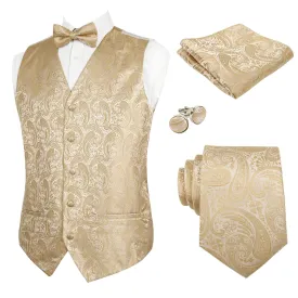 Men's 5pcs Paisley Suit Vest Classic Jacquard Button-Down Waistcoat Set, 185-Champagne
