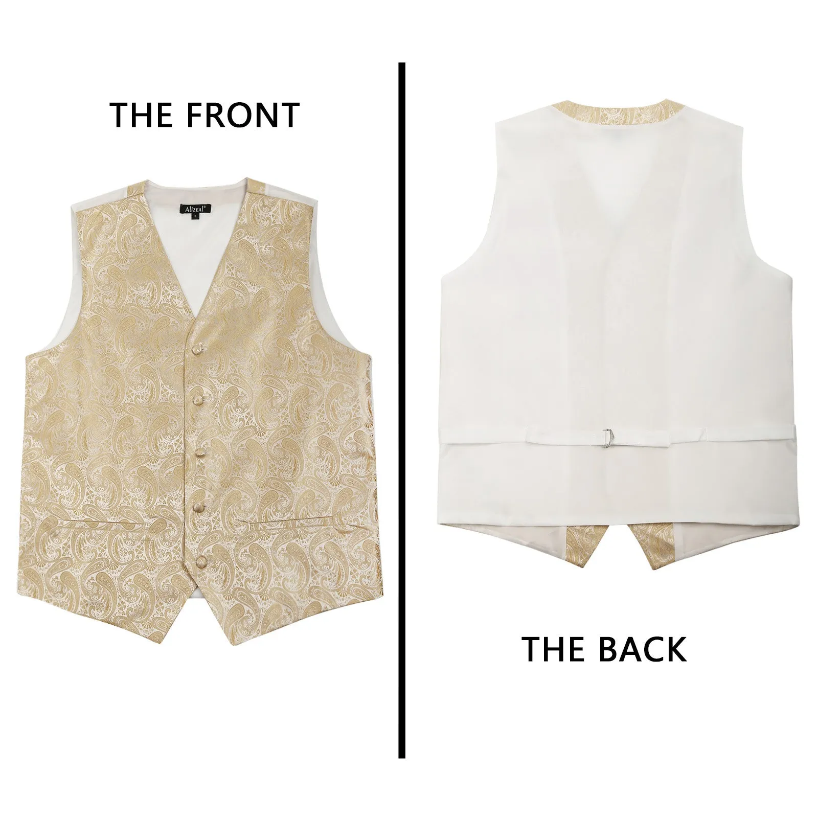 Men's 5pcs Paisley Suit Vest Classic Jacquard Button-Down Waistcoat Set, 185-Champagne