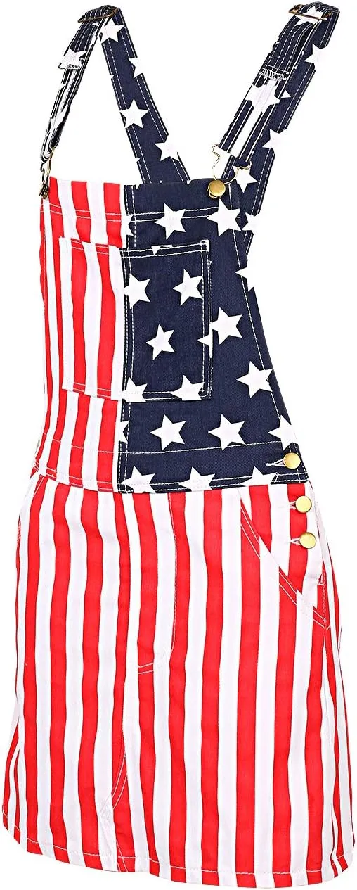 NUFIWI Women Denim Overall Dress Adjustable Straps American Flag Pinafore Dress Independence Day Outfits with Pocket