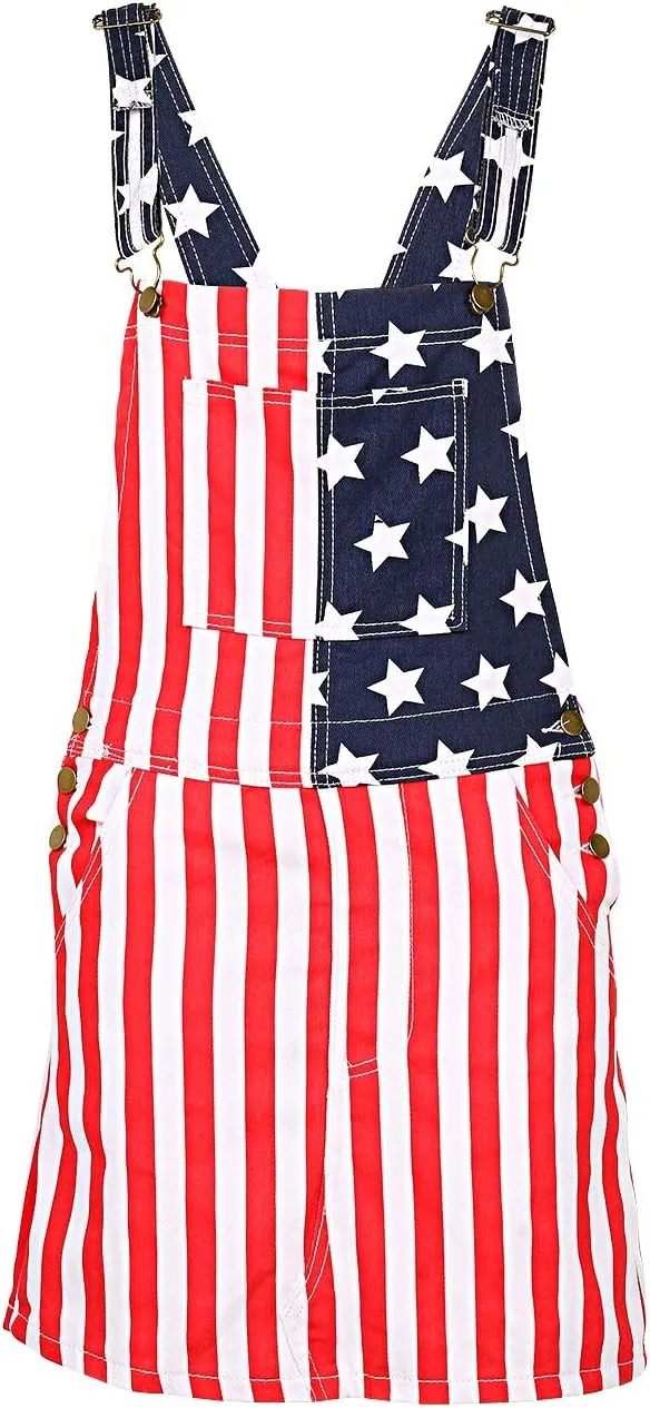 NUFIWI Women Denim Overall Dress Adjustable Straps American Flag Pinafore Dress Independence Day Outfits with Pocket