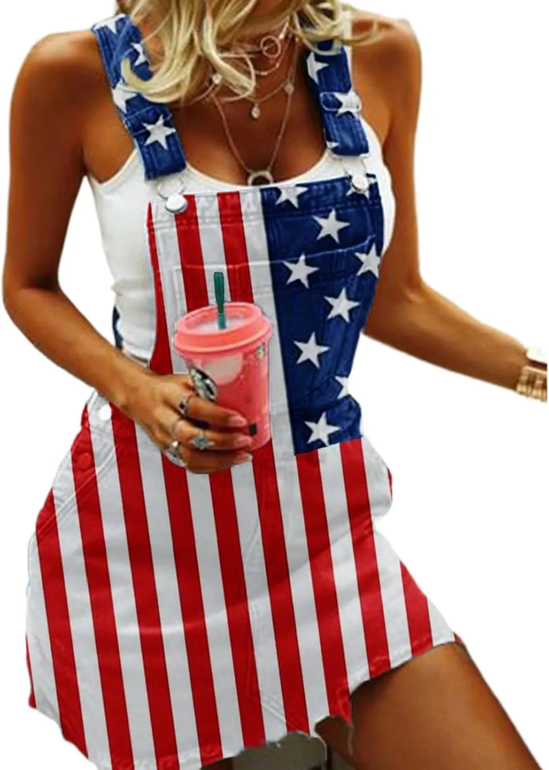 NUFIWI Women Denim Overall Dress Adjustable Straps American Flag Pinafore Dress Independence Day Outfits with Pocket