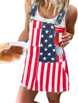 NUFIWI Women Denim Overall Dress Adjustable Straps American Flag Pinafore Dress Independence Day Outfits with Pocket