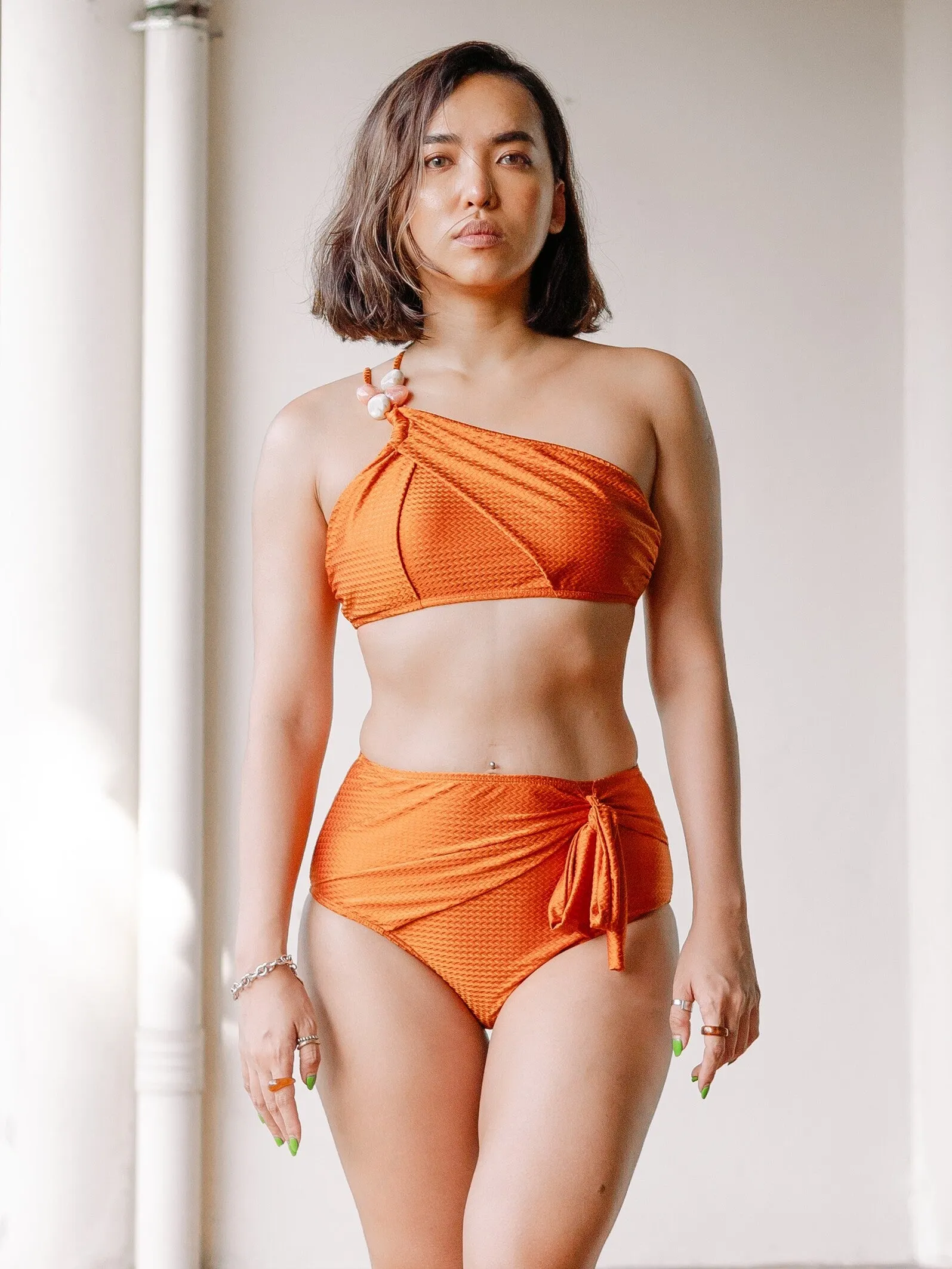 OPULENCE ETHEREAL Ophelia Toga Stone Embellished High Waist Bikini Set in Metallic Orange Brown