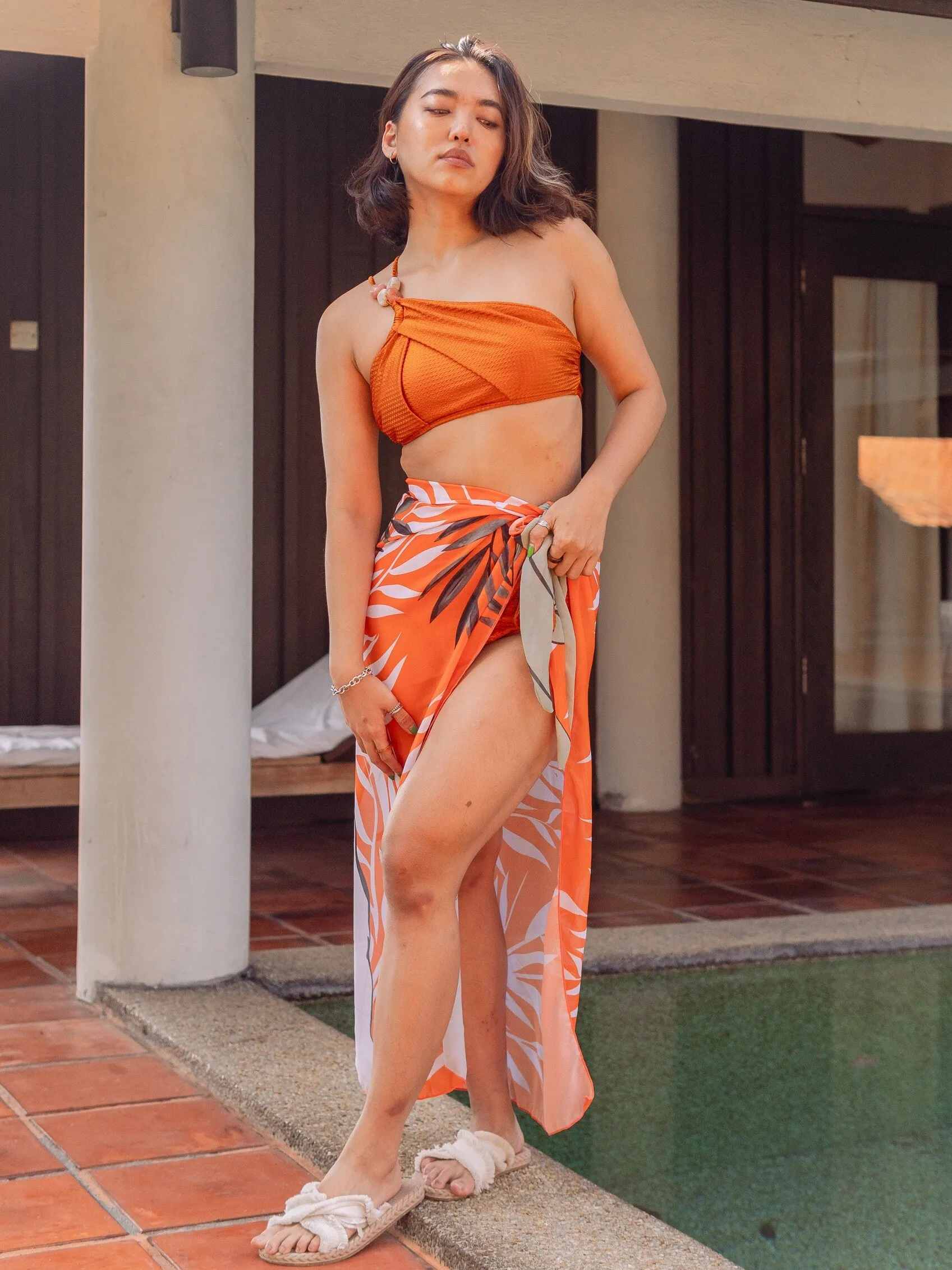 OPULENCE ETHEREAL Ophelia Toga Stone Embellished High Waist Bikini Set in Metallic Orange Brown