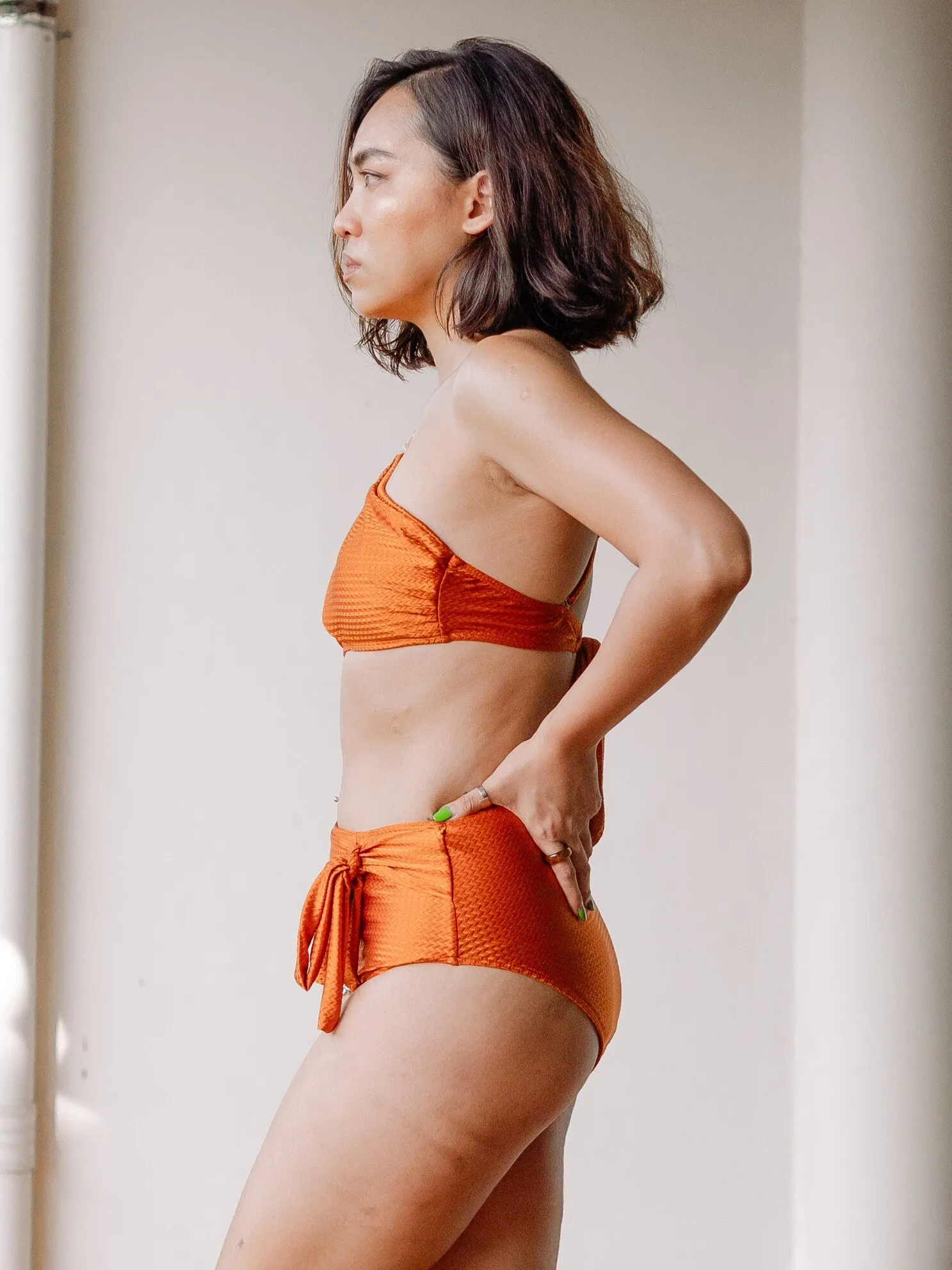 OPULENCE ETHEREAL Ophelia Toga Stone Embellished High Waist Bikini Set in Metallic Orange Brown