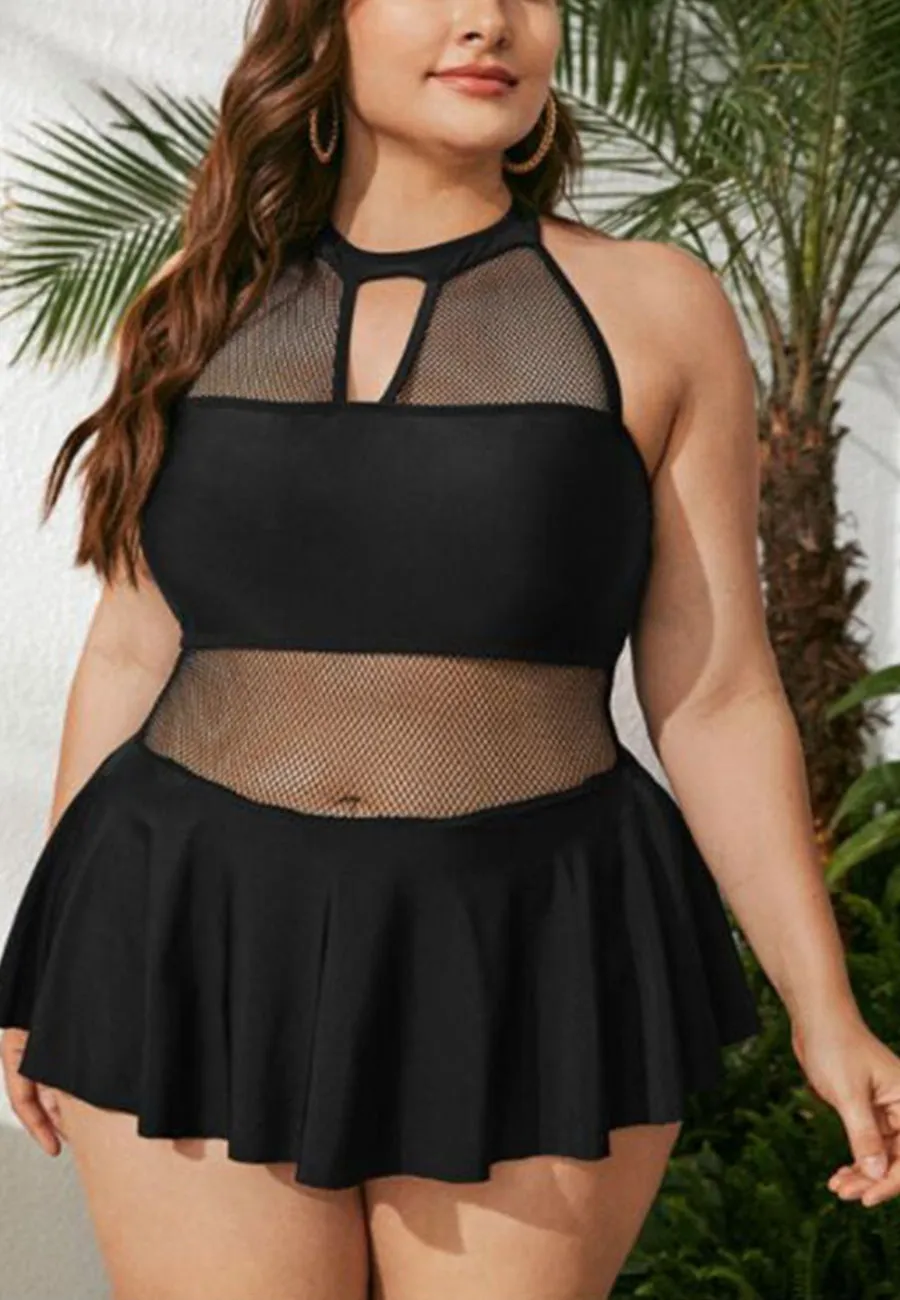 Plus High Halter Mesh Paneled Ruffled Skirt One-Piece