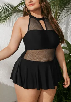 Plus High Halter Mesh Paneled Ruffled Skirt One-Piece