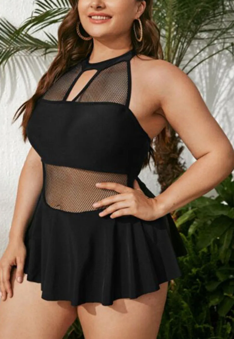 Plus High Halter Mesh Paneled Ruffled Skirt One-Piece